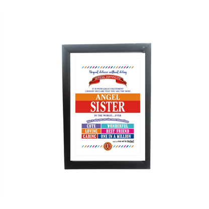 Angel Sister Certificate Framed Hanging Hook | Laminated Digital Print with Synthetic Wood Frame Gift For Sister (8X12 Inch, 1Pcs)