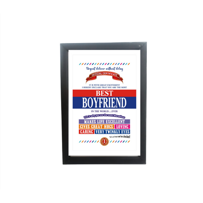Best Boyfriend Certificate Framed Hanging Hook | Laminated Digital Print with Synthetic Wood Frame Gift For Boyfriend (8X12 Inch, 1Pcs)