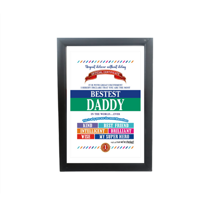 Best Daddy Certificate Framed Hanging Hook | Laminated Digital Print with Synthetic Wood Frame Gift For Father (8X12 Inch, 1Pcs)