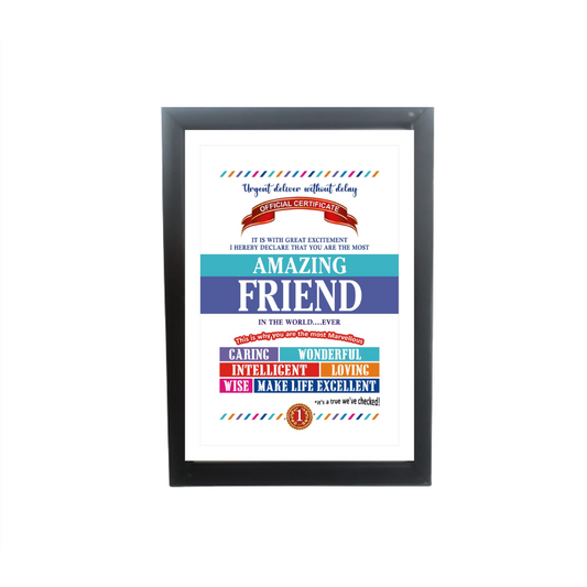 Best Friend Certificate Framed Hanging Hook | Laminated Digital Print with Synthetic Wood Frame Gift For Friend (8X12 Inch, 1Pcs)