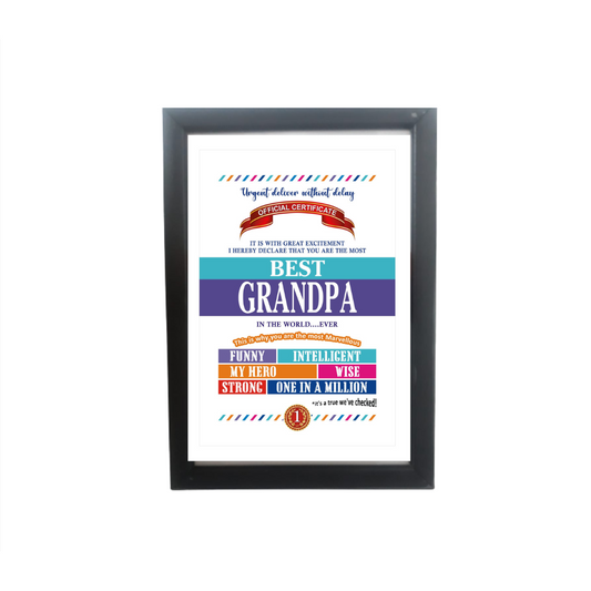 Best Grandpa Certificate Framed Hanging Hook | Laminated Digital Print with Synthetic Wood Frame Gift For GrandFather (8X12 Inch, 1Pcs)