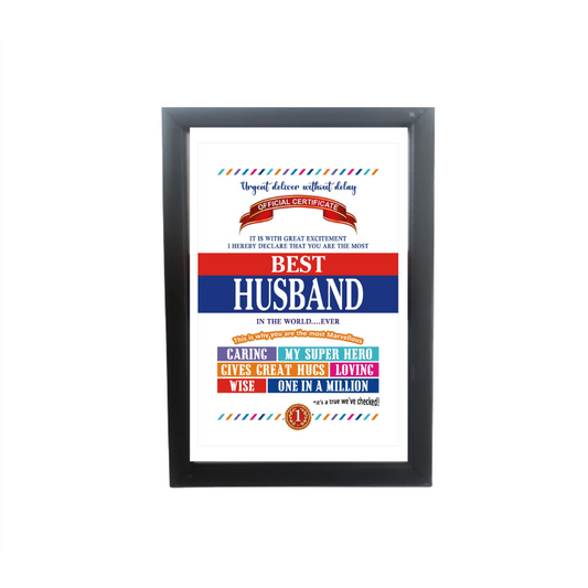 Best Husband Certificate Framed Hanging Hook | Laminated Digital Print with Synthetic Wood Frame Gift For Husband (8X12 Inch, 1Pcs)