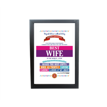 Best Wife Certificate Framed Hanging Hook | Laminated Digital Print with Synthetic Wood Frame Gift For Wife (8X12 Inch, 1Pcs)