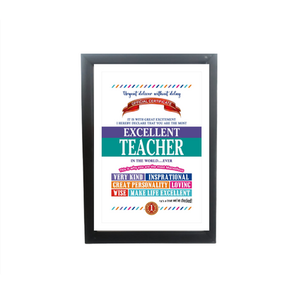 Excellent Teacher Certificate Framed Hanging Hook | Laminated Digital Print with Synthetic Wood Frame Gift For Teacher (8X12 Inch, 1Pcs)