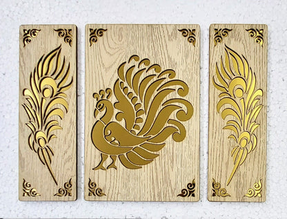 Pinewood Wall Decor with Laser cutting Golden Effect for Home and Office Decor (3 Pcs Set, 12X15 Inch)
