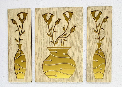 Pinewood Home Decor with laser Cut Golden Effect For Hotels, pubs, restaurant, gym decor (3Pcs Set, 12X15 Inch)