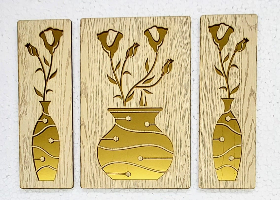 Pinewood Home Decor with laser Cut Golden Effect For Hotels, pubs, restaurant, gym decor (3Pcs Set, 16X24 Inch)