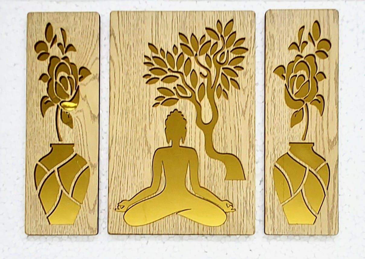 Wooden Wall Decor Laser Cut with Golden Effect for Home, Office And Gifting (12X15 Inch, 3pcs Set)