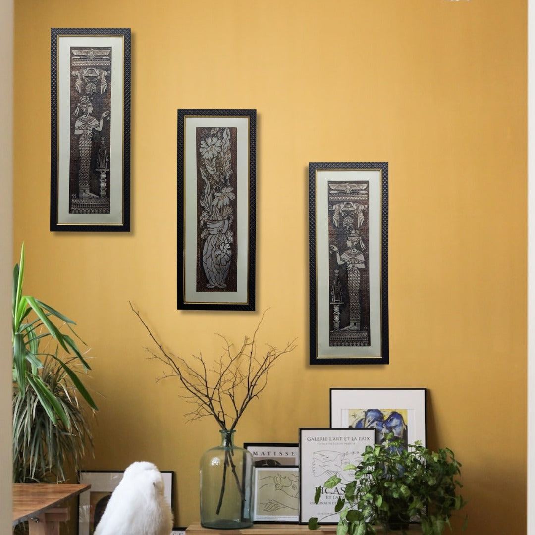 Wall Decor Copper Foil One Flower and Two Egypt Mythology Panels with Mounting, Plastic Glass and Synthetic Wood Frame (8.5X21 Inch, 3Pcs)