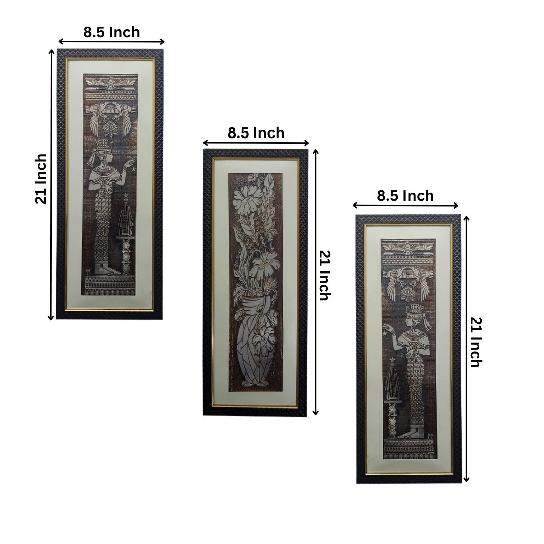 Wall Decor Copper Foil One Flower and Two Egypt Mythology Panels with Mounting, Plastic Glass and Synthetic Wood Frame (8.5X21 Inch, 3Pcs)