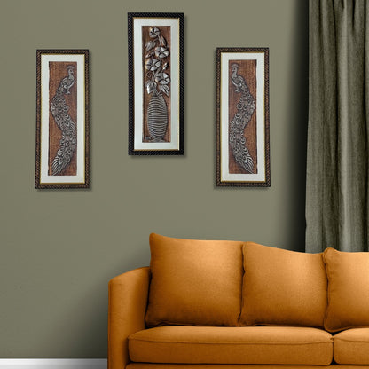 Wall Decor Copper Foil One Pcs Flower and Two Pcs Peacocks Panels with Mounting, Plastic Glass and Synthetic Wood Frame (8.5X21 Inch, 3Pcs)
