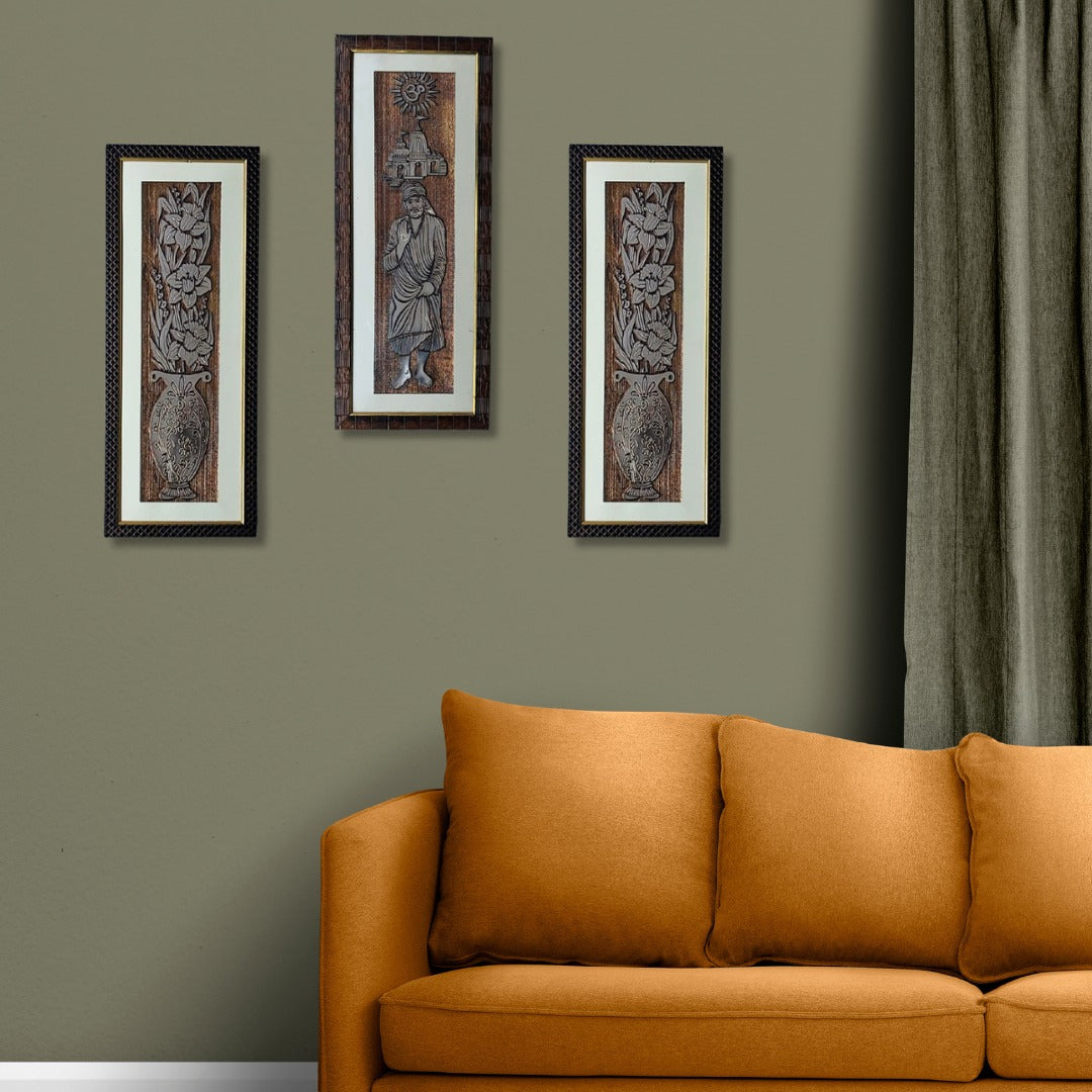 Wall Decor Copper Foil One Pcs Sai Baba and Two Pcs Flowers Panels with Mounting, Plastic Glass and Synthetic Wood Frame (8.5X21 Inch, 3Pcs)