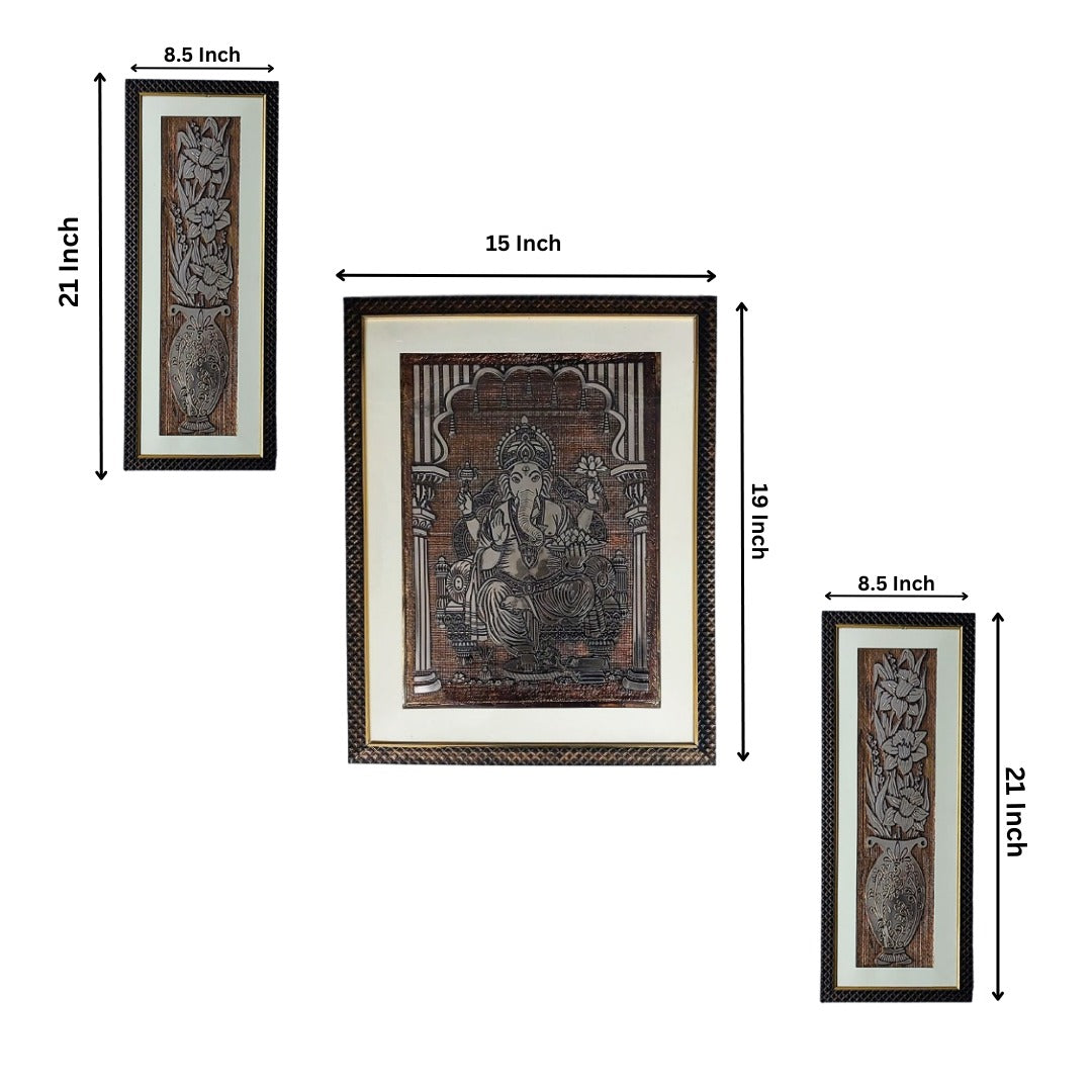 Wall Decor Copper Foil Two Pcs Flowers and One Pcs Shri Ganesh Panel with Mounting, Plastic Glass and Synthetic Wood Frame (15X19 Inch-1Pcs, 8.5X21 Inch-2Pcs)