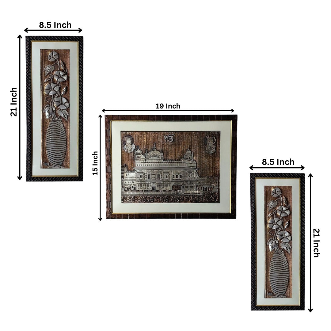 Wall Decor Copper Foil Two Pcs Flowers and One Pcs Golden Temple Panel with Mounting, Plastic Glass and Synthetic Wood Frame (15X19 Inch-1Pcs, 8.5X21 Inch-2Pcs)