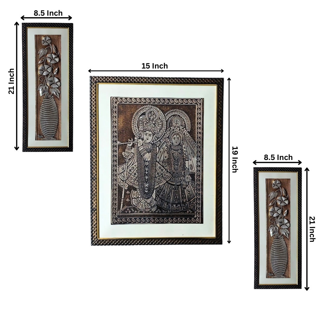 Wall Decor Copper Foil Two Pcs Flowers and One Pcs Shri Radha Krishan Panel with Mounting, Plastic Glass and Synthetic Wood Frame (15X19 Inch-1Pcs, 8.5X21 Inch-2Pcs)