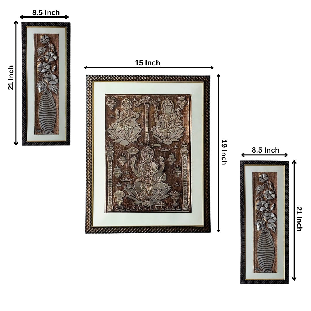 Wall Decor Copper Foil Two Pcs Flowers and One Pcs Shri Saraswati, Laxmi, Ganesh Panel with Mounting, Plastic Glass and Synthetic Wood Frame (15X19 Inch-1Pcs, 8.5X21 Inch-2Pcs)