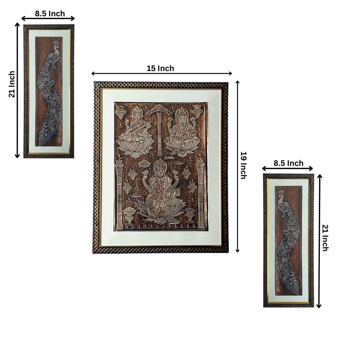 Wall Decor Copper Foil Two Pcs Peacocks and One Pcs Shri Saraswati, Laxmi, Ganesh Panel with Mounting, Plastic Glass and Synthetic Wood Frame (15X19 Inch-1Pcs, 8.5X21 Inch-2Pcs)
