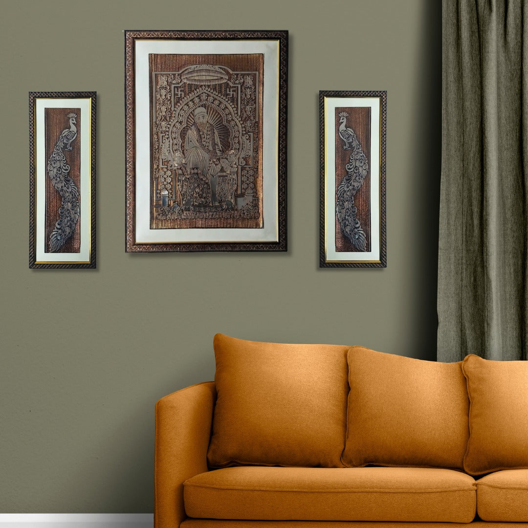 Wall Decor Copper Foil Two Pcs Peacocks and One Pcs Shri Sai Baba Panel with Mounting, Plastic Glass and Synthetic Wood Frame (20.5X27.5 Inch-1Pcs, 8.5X21 Inch-2Pcs)