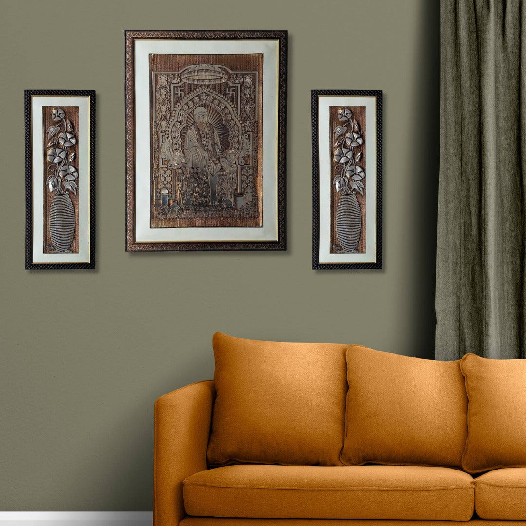 Wall Decor Copper Foil Two Pcs Flowers and One Pcs Shri Sai Baba Panel with Mounting, Plastic Glass and Synthetic Wood Frame (20.5X27.5 Inch-1Pcs, 8.5X21 Inch-2Pcs)