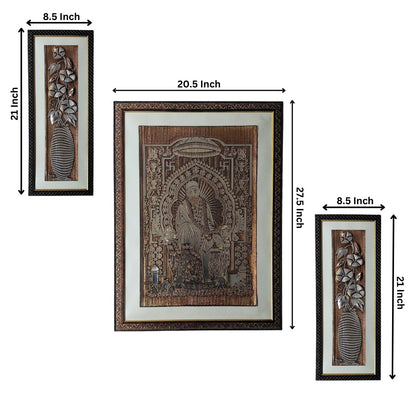 Wall Decor Copper Foil Two Pcs Flowers and One Pcs Shri Sai Baba Panel with Mounting, Plastic Glass and Synthetic Wood Frame (20.5X27.5 Inch-1Pcs, 8.5X21 Inch-2Pcs)