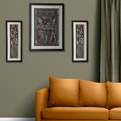 Wall Decor Copper Foil Two Pcs Flowers and One Pcs Egypt Mythology Panel with Mounting, Plastic Glass and Synthetic Wood Frame (20.5X27.5 Inch-1Pcs, 8.5X21 Inch-2Pcs)