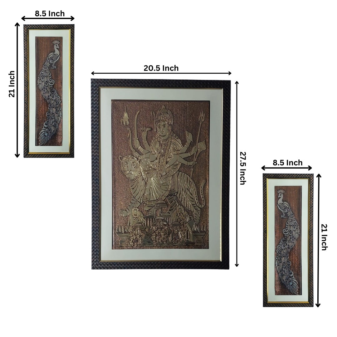 Wall Decor Copper Foil Two Pcs Peacocks and One Pcs Goddess Mata Shera Wali Panel with Mounting, Plastic Glass and Synthetic Wood Frame (20.5X27.5 Inch-1Pcs, 8.5X21 Inch-2Pcs)