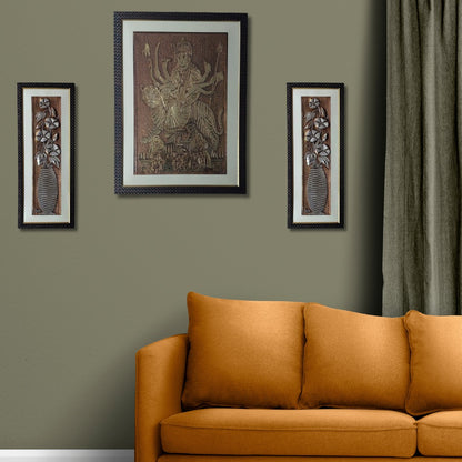 Wall Decor Copper Foil Two Pcs Flowers and One Pcs Goddess Mata Shera Wali Panel with Mounting, Plastic Glass and Synthetic Wood Frame (20.5X27.5 Inch-1Pcs, 8.5X21 Inch-2Pcs)