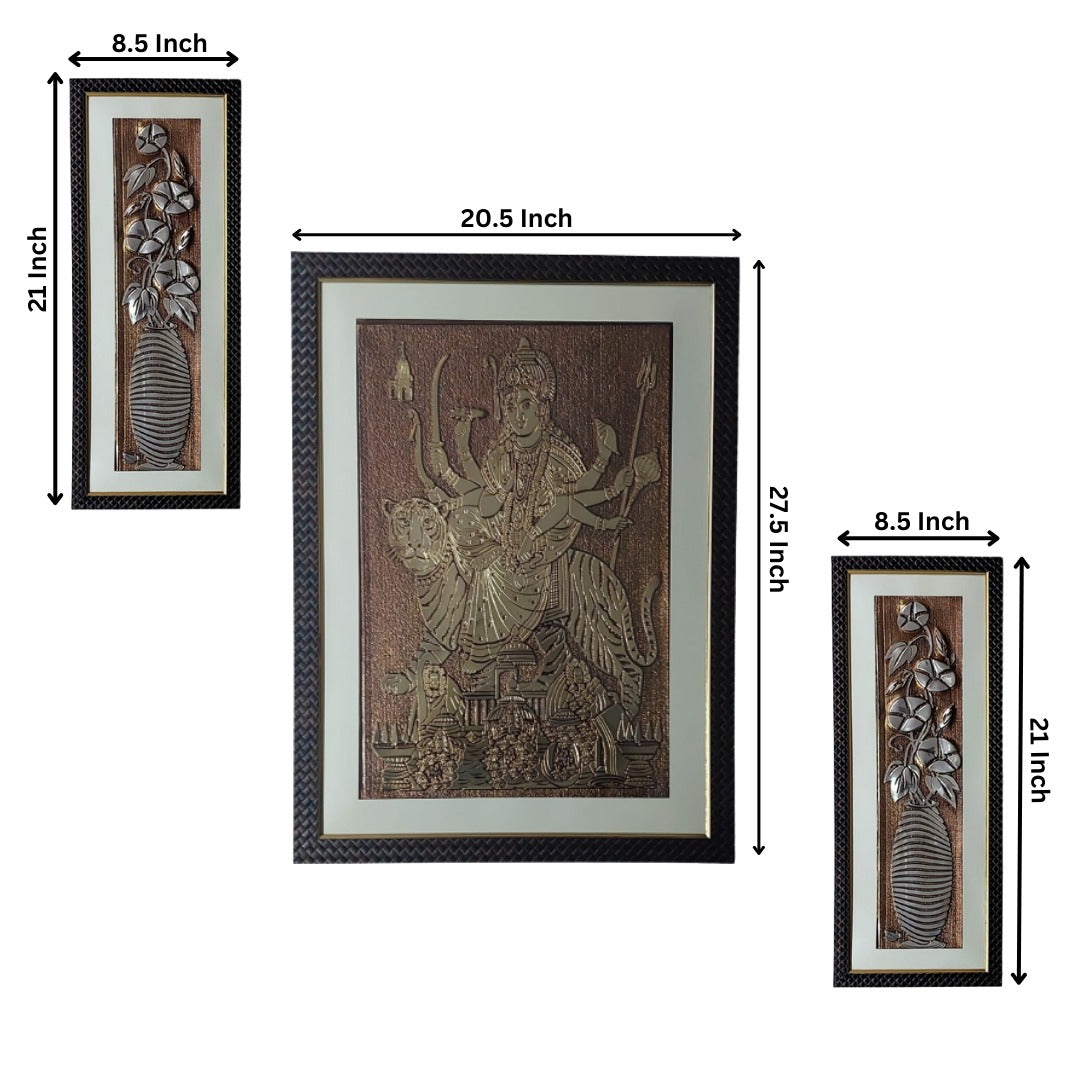 Wall Decor Copper Foil Two Pcs Flowers and One Pcs Goddess Mata Shera Wali Panel with Mounting, Plastic Glass and Synthetic Wood Frame (20.5X27.5 Inch-1Pcs, 8.5X21 Inch-2Pcs)