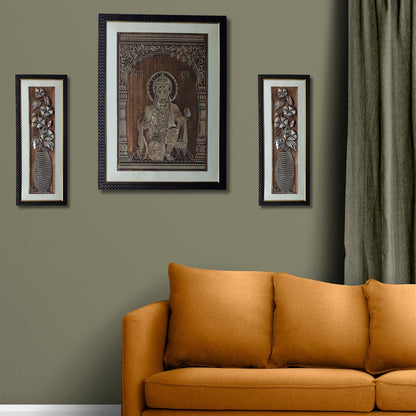 Wall Decor Copper Foil Two Pcs Flowers and One Pcs Lord Hanuman Panel with Mounting, Plastic Glass and Synthetic Wood Frame (20.5X27.5 Inch-1Pcs, 8.5X21 Inch-2Pcs)