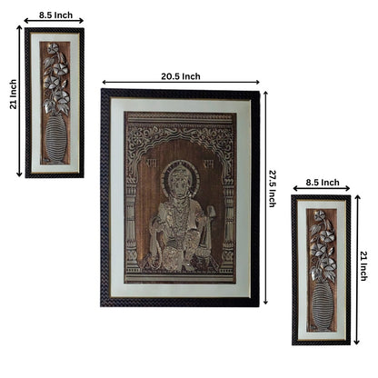 Wall Decor Copper Foil Two Pcs Flowers and One Pcs Lord Hanuman Panel with Mounting, Plastic Glass and Synthetic Wood Frame (20.5X27.5 Inch-1Pcs, 8.5X21 Inch-2Pcs)
