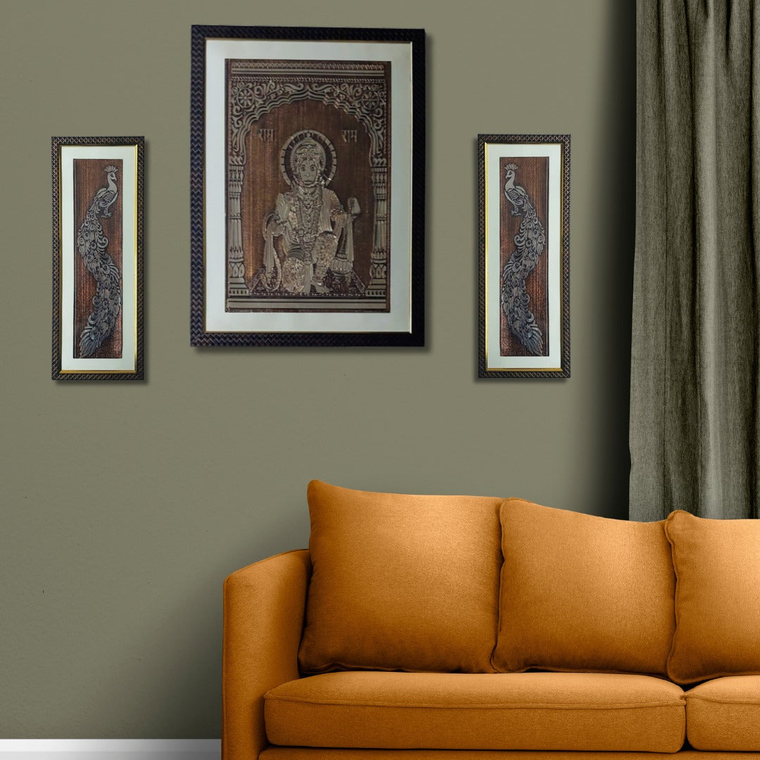 Wall Decor Copper Foil Two Pcs Peacocks and One Pcs Lord Hanuman Panel with Mounting, Plastic Glass and Synthetic Wood Frame (20.5X27.5 Inch-1Pcs, 8.5X21 Inch-2Pcs)