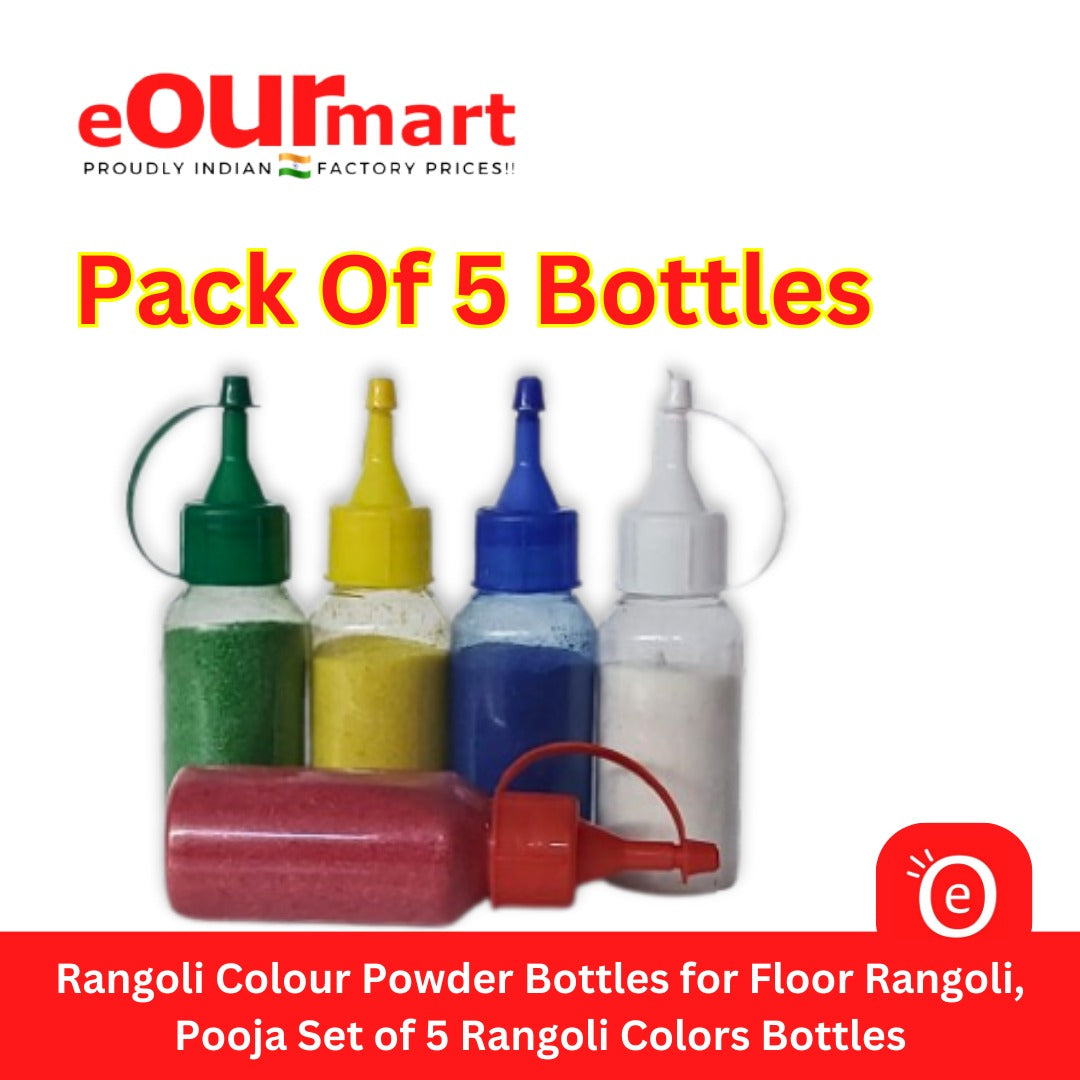 Rangoli Colour Powder Bottles for Floor Rangoli, Pooja Set of 5 Rangoli Colors in Plastic Squeeze Bottles (80g Each)