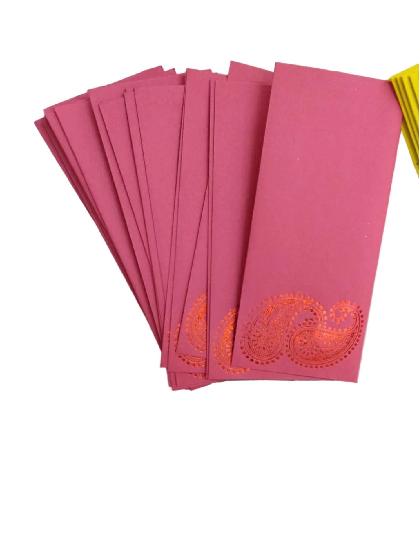 A fan of pink Chinese New Year red envelopes with orange laser-cut paisley patterns, displayed on a white textured foam surface.