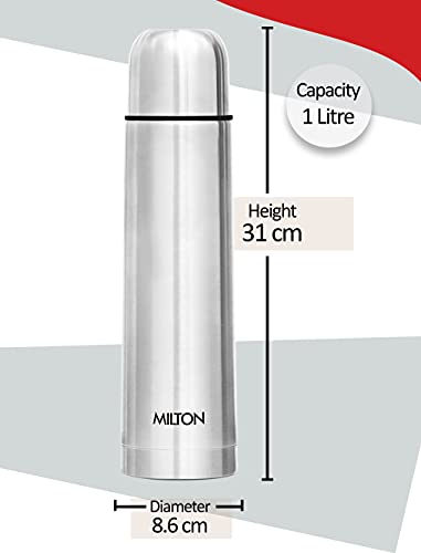 Milton Flip Lid 1000 Thermosteel 24 Hours Hot and Cold Water Bottle with Bag, 1 Litre, Silver