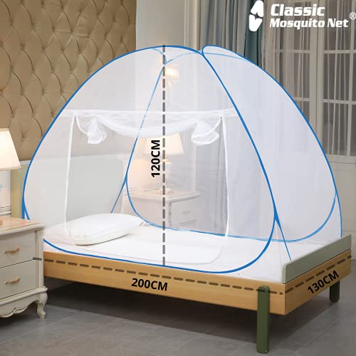 Classic Mosquito Net, Single Bed, Strong 30GSM, PVC Coated Steel ( L200CM X W120CM X H130CM) Polyester Foldable - Blue.