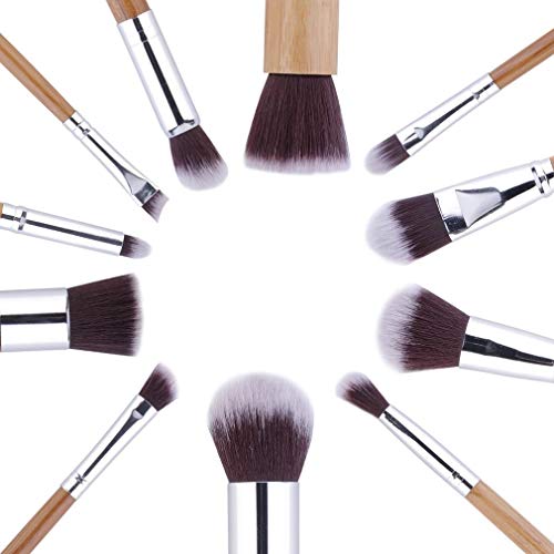 High-quality Synthetic Bristle Makeup Brushes, Puff - Natural Bamboo, 11 Pcs