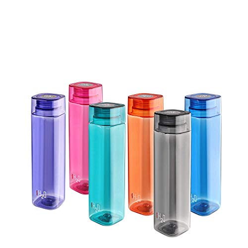 Cello Water Bottle, Unbreakable Plastic, H2O Squaremate, 1-Liter, Set of 6, Assorted