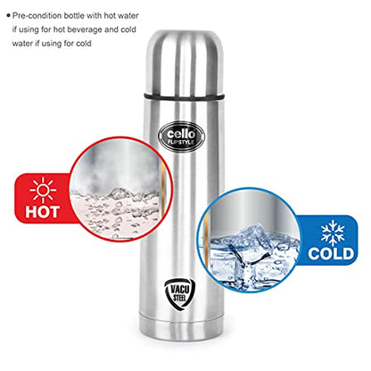 Cello Water Bottle, Stainless Steel, Flip Style, 1 Litre, Silver (Insulated Flask with Thermal Jacket)