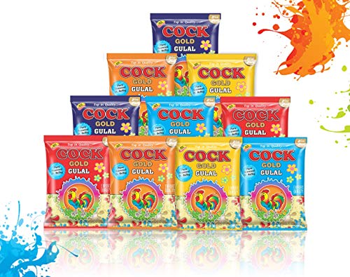 Holi Colors - Gift Pack of 10 (Multicolor) | 100% Natural/Herbal/Organic Colour | Non-Toxic and Skin-Friendly Holi Gulal | Cock Brand GOLD Gulal Gift Hamper