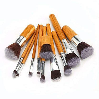 High-quality Synthetic Bristle Makeup Brushes, Puff - Natural Bamboo, 11 Pcs