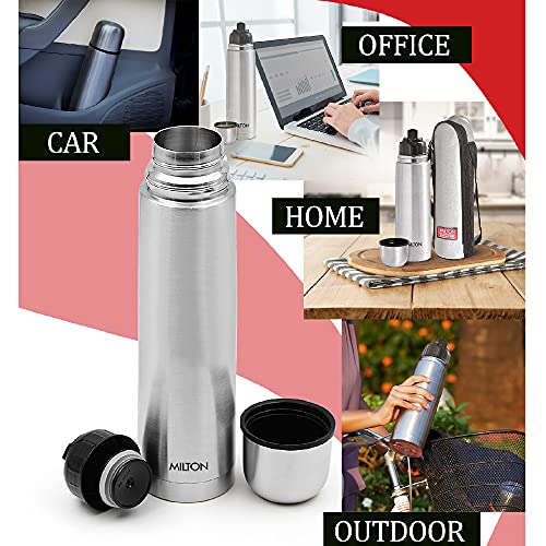 Milton Flip Lid 1000 Thermosteel 24 Hours Hot and Cold Water Bottle with Bag, 1 Litre, Silver