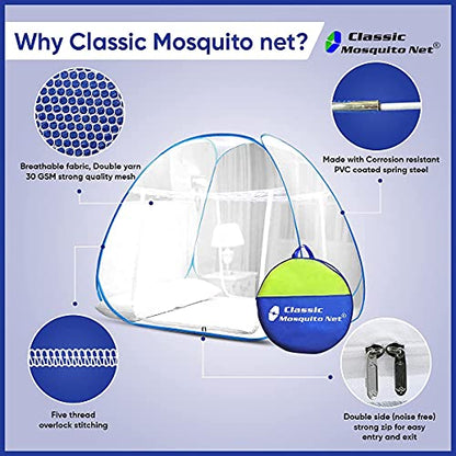 Classic Mosquito Net, Premium, Foldable for Double Bed, Strong 30GSM, PVC Coated Steel - King Size, Blue
