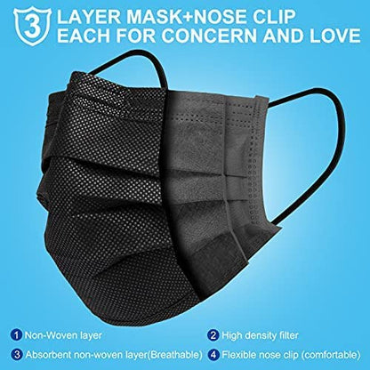 Disposable Face Masks 3 Ply Non Woven Black Face Masks, Pack of 50