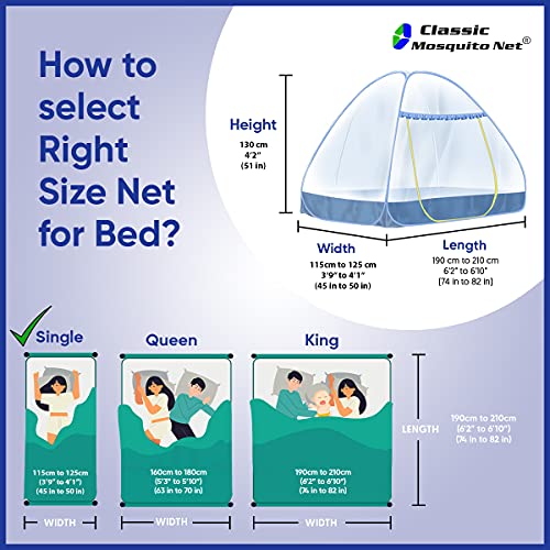 Classic Mosquito Net, Single Bed, Strong 30GSM, PVC Coated Steel ( L200CM X W120CM X H130CM) Polyester Foldable - Blue.
