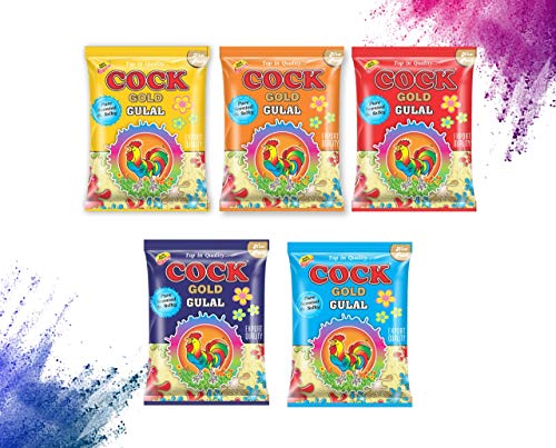 Holi Colors - Gift Pack of 5 (Multicolor) | 100% Natural/Herbal/Organic Colour | Non-Toxic and Skin-Friendly Holi Gulal | Cock Brand GOLD Gulal Gift Hamper