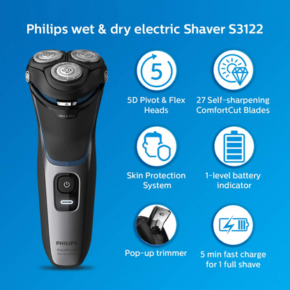 Philips S3122/55 Cordless Electric Shaver, 5D Pivot & Flex Heads, 27 Comfort Cut Blades, Fast Charge, Up to 55 Min of Shaving