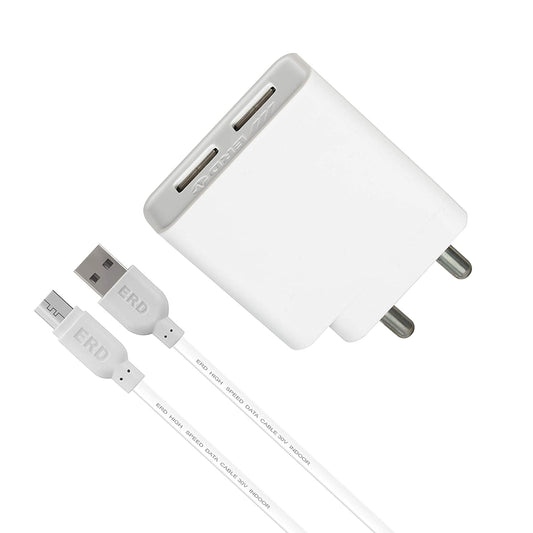 ERD TC-22 Twin Port Mobile Phone Charger | Fast Charging Adapter with 1 Metre Micro USB Cable (White)