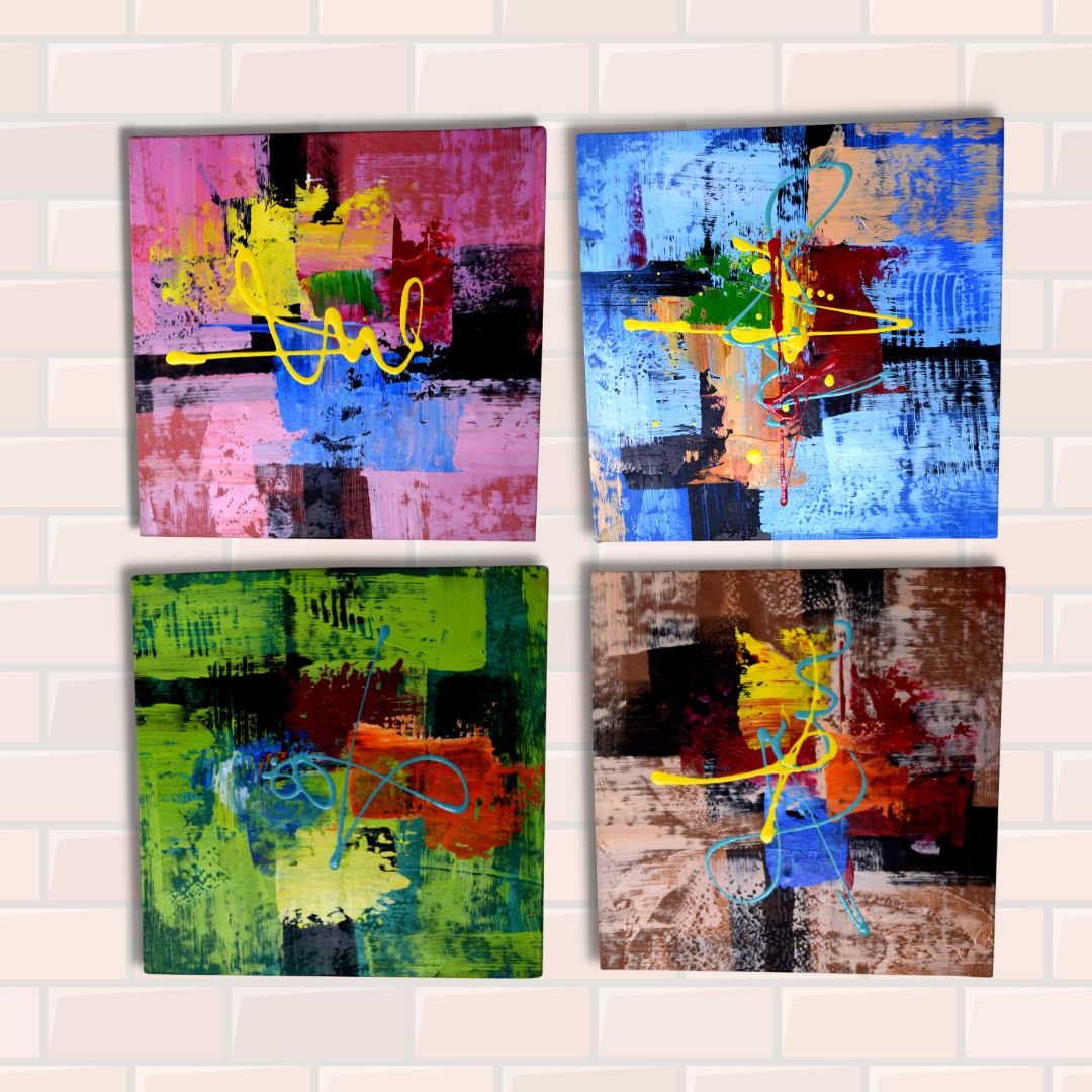 Wall Art Painting, Hand Painted Abstract Canvas Artwork, Square (11x11 Inches), Set of 8