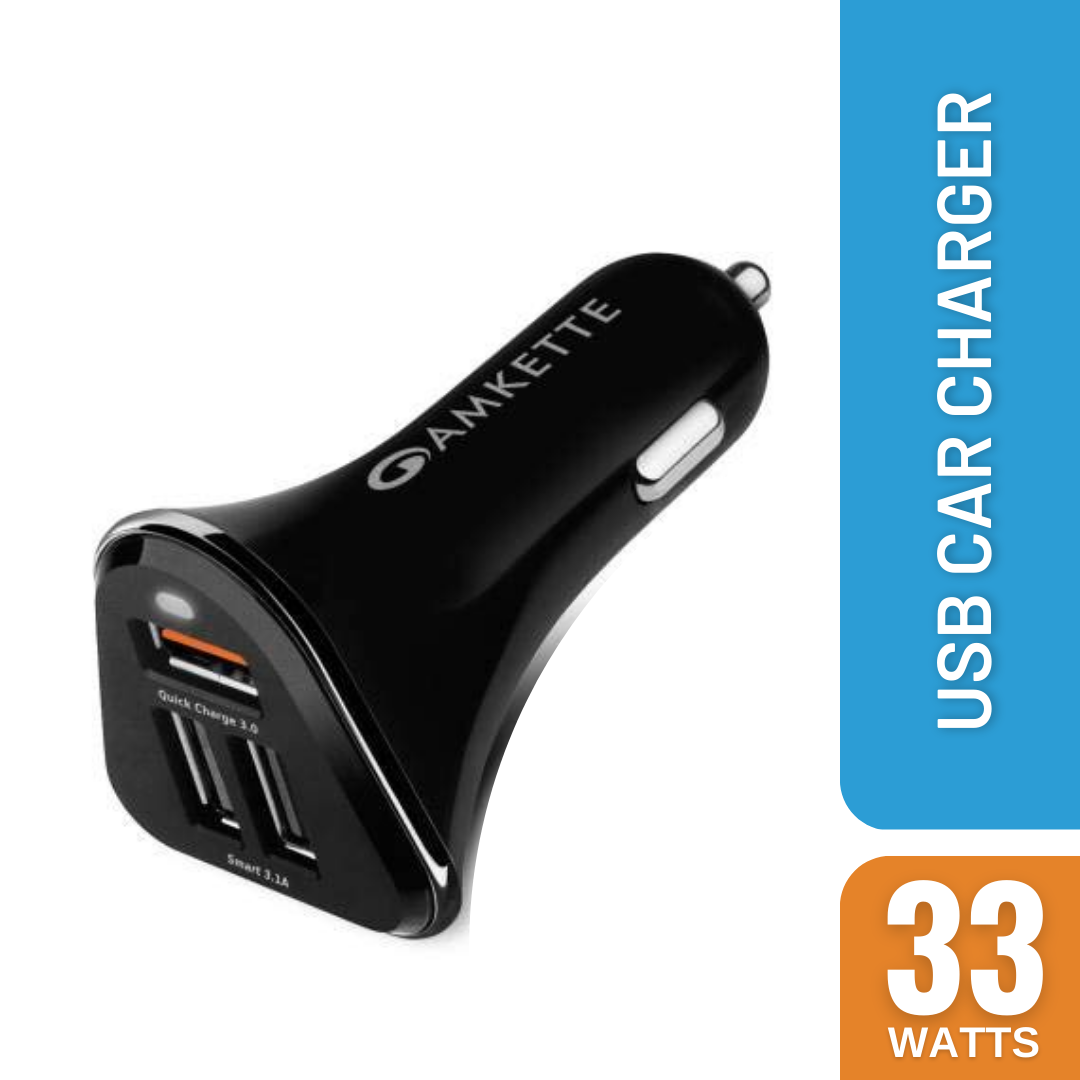 Amkette Power Pro 3 Port 33 Watts USB Car Charger with Braided Type C Cable (Black)