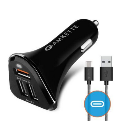Amkette Power Pro 3 Port 33 Watts USB Car Charger with Braided Type C Cable (Black)